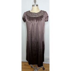 Elie Tahari Size 6 Silk Midi Dress Embroidered Lace Neck Art Deco Luxe Elegant